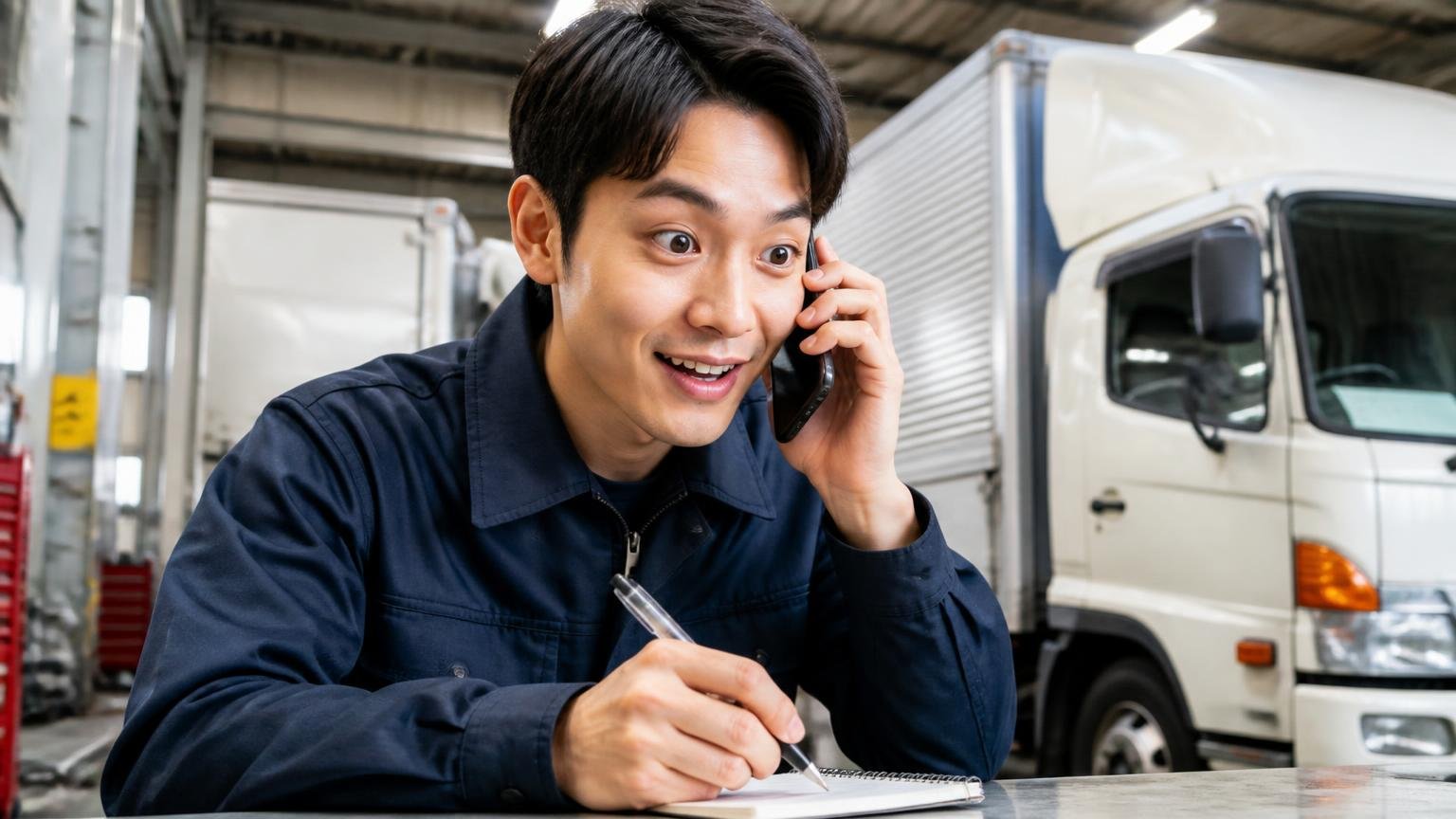 「電話で聞いた金額」を契約の根拠にしてしまう 車庫でスマホを耳に当てメモを取る場面 若手ドライバー1人 期待に目を輝かせる