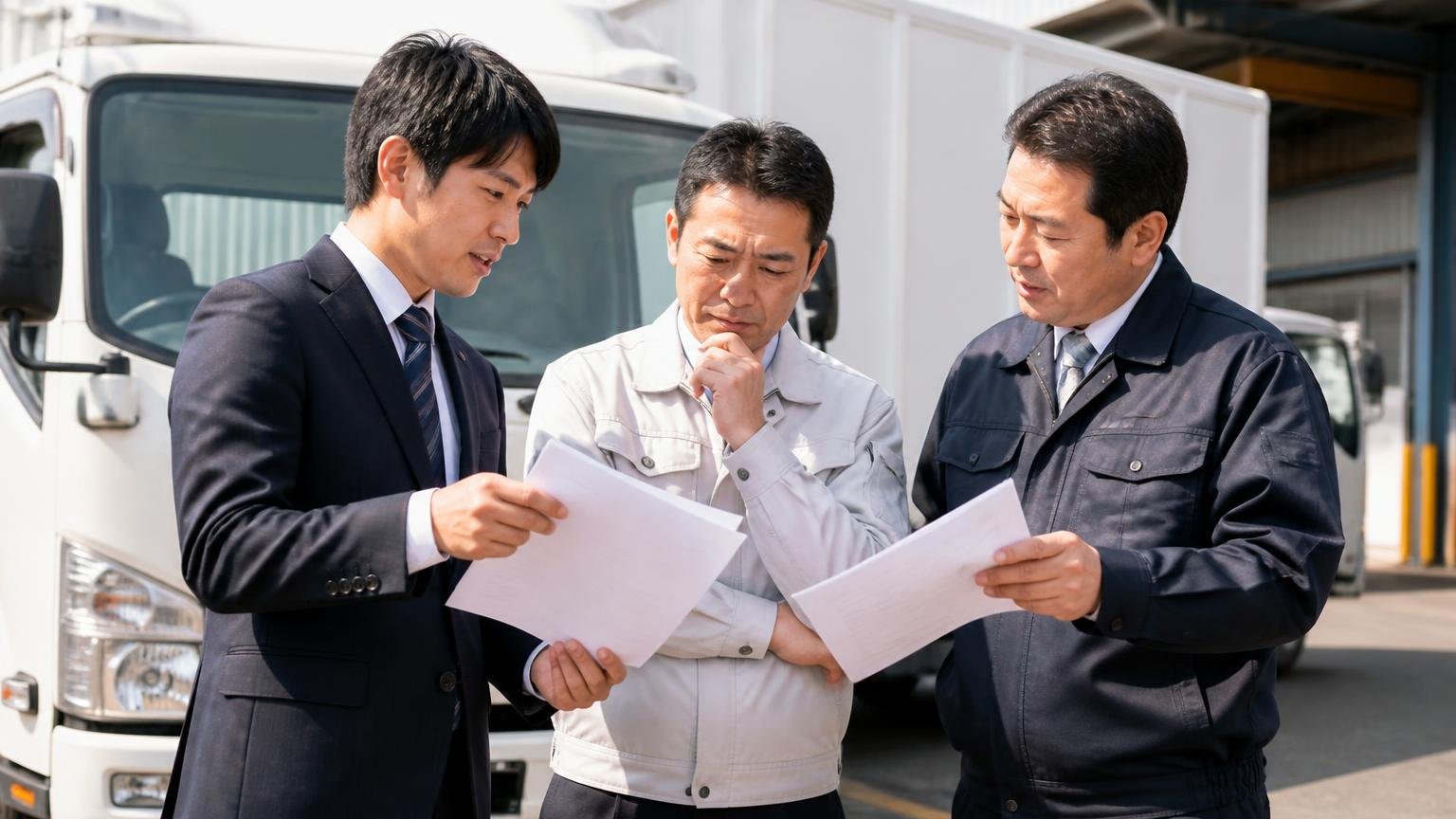 地場1〜2社と全国対応1〜2社で2〜3社の無料査定を取る|運送会社の車庫で2tトラックの前に並ぶ査定員2人と経営者1人が見積書を見比べる