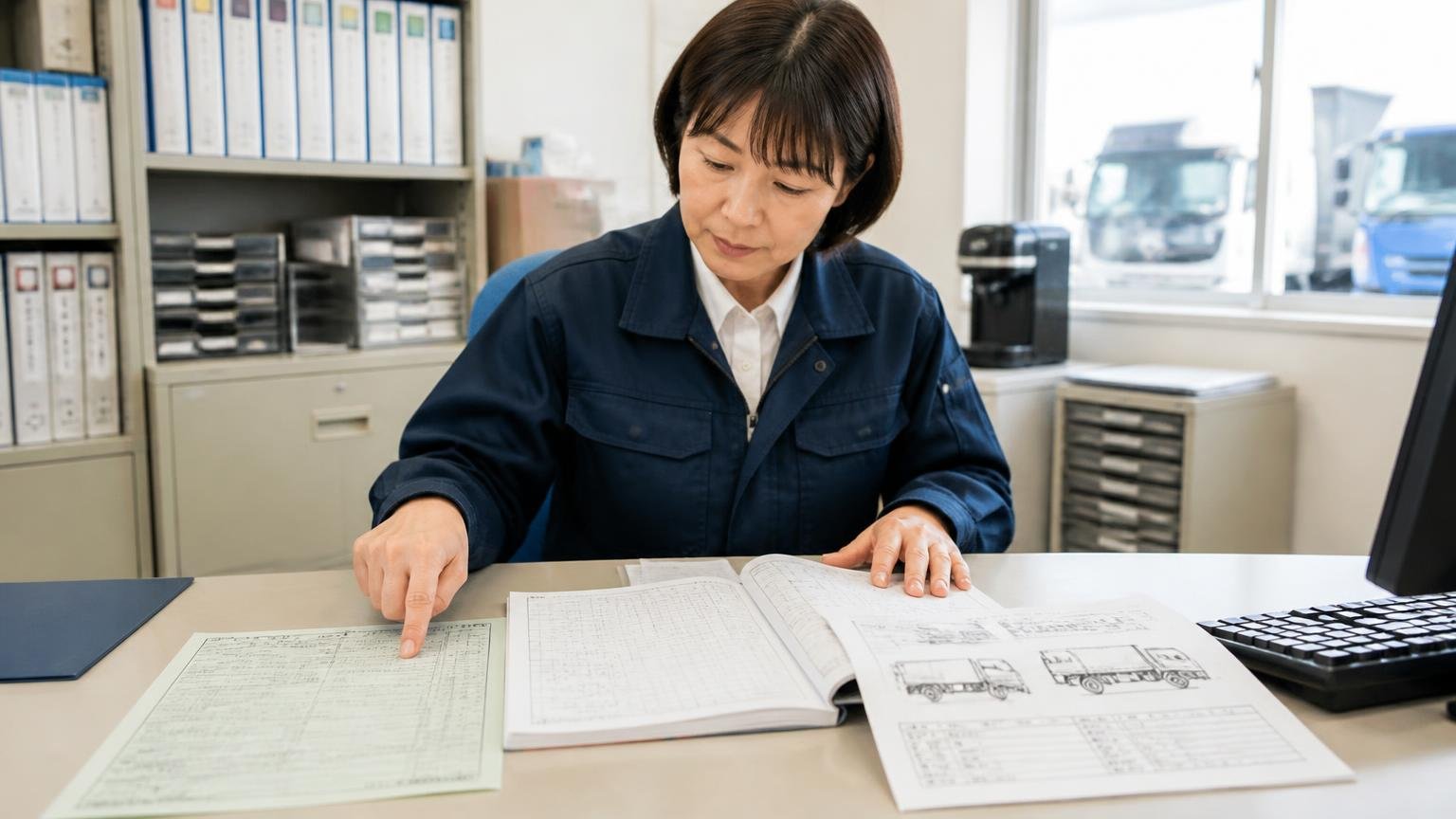 査定前にそろえる書類と情報 運送会社の事務所 車検証と整備記録簿と架装の仕様書を机に並べて確認する女性事務員