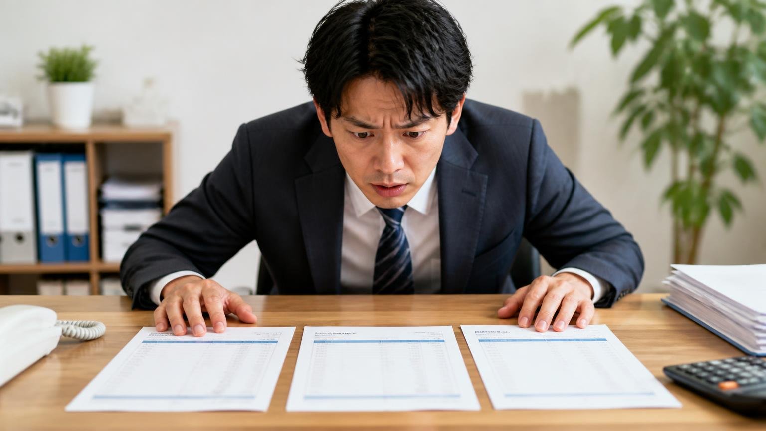 市内の業者と全国対応の業者を2〜3社並べる 事務所の机に3枚の見積書を並べた男性1人が身を乗り出して比べる