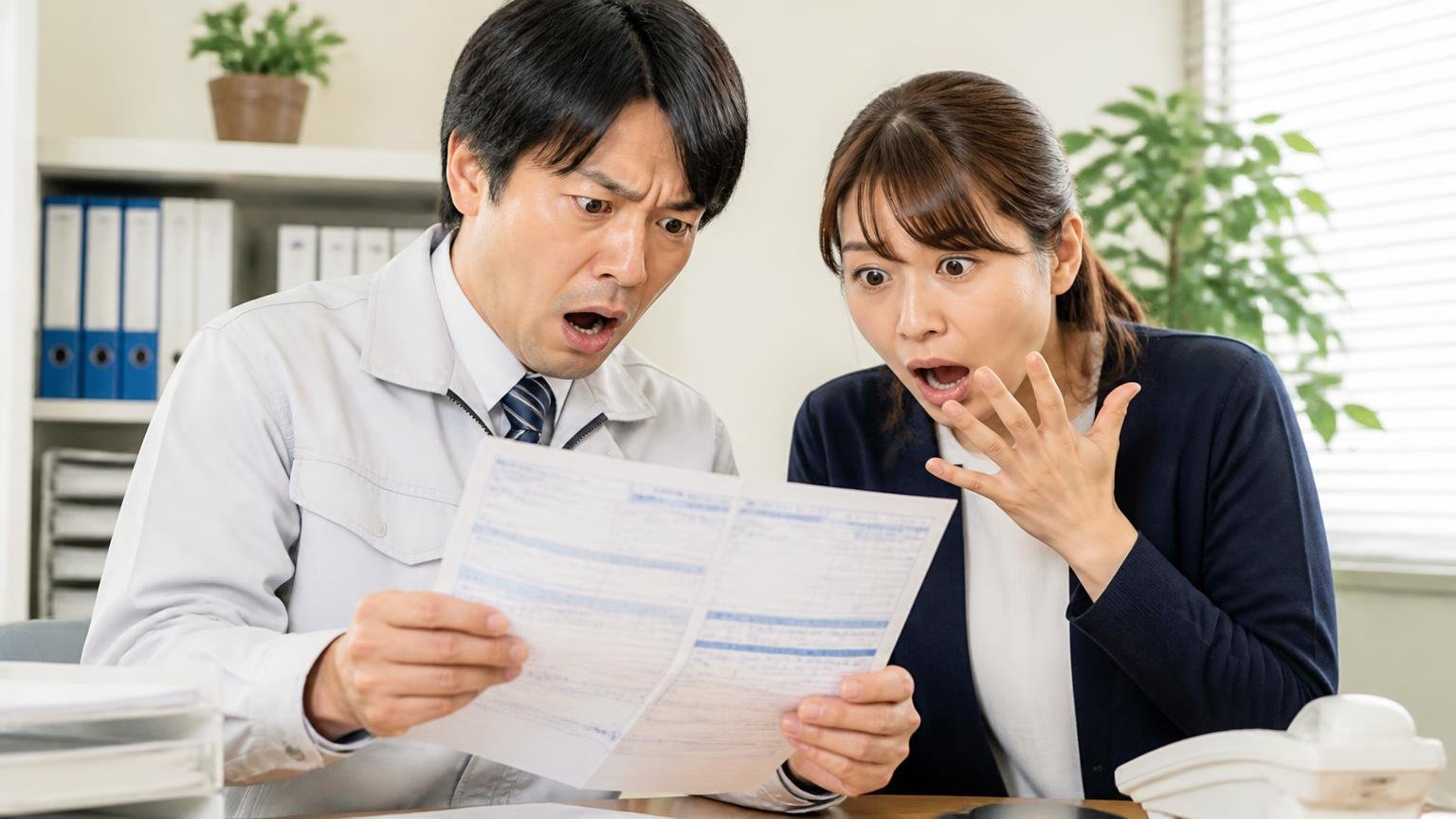 名義変更が済まないと前の所有者に自動車税が来る。事務所で届いた納税通知書を広げて驚く男性と女性