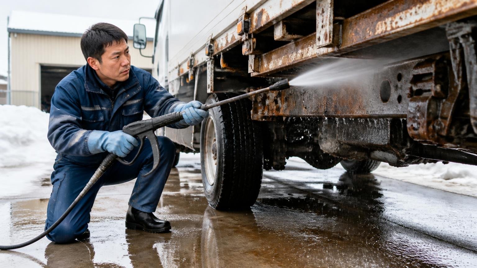 凍結防止剤の塩分で下回りが錆びる、雪の残る金沢の車庫で高圧洗浄機でトラックの下回りを洗う男性ドライバー
