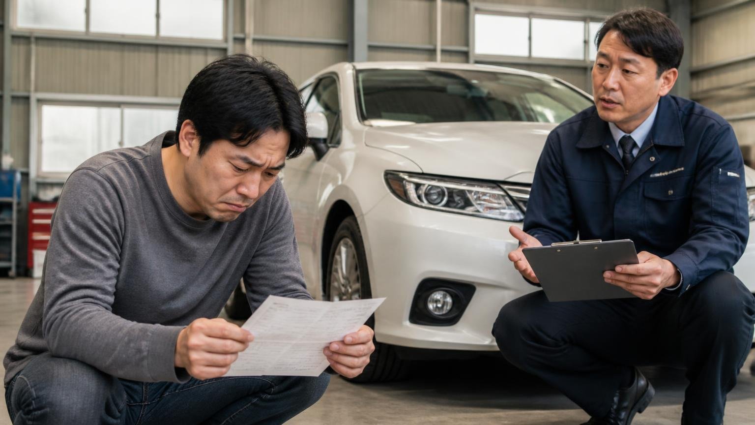 電話の概算を信じて、当日・引き渡し後の減額を飲んだ。車庫で査定士から減額を告げられ、見積書を握りしめて肩を落とすドライバーの男性