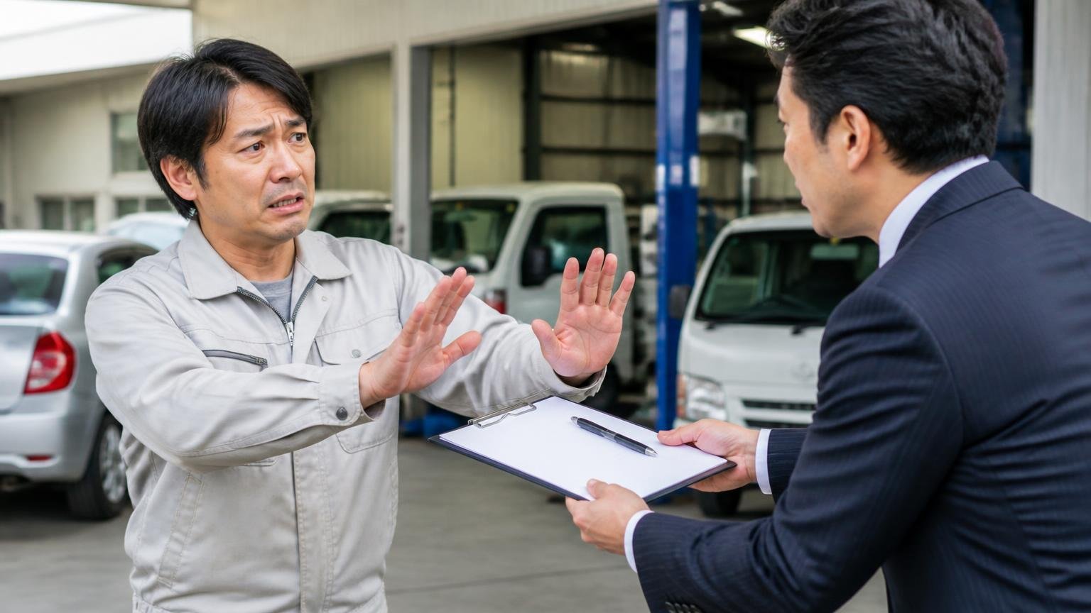 査定の場ですぐに契約しない 営業所の車庫 契約書とペンを差し出す査定士に作業着の男性が両手を前に出して待ったをかける