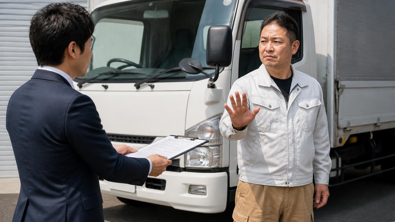 査定に来たその場で契約しない 車庫に停めたトラックの前 契約書を差し出す査定士に手のひらを向けて待ってと伝える男性