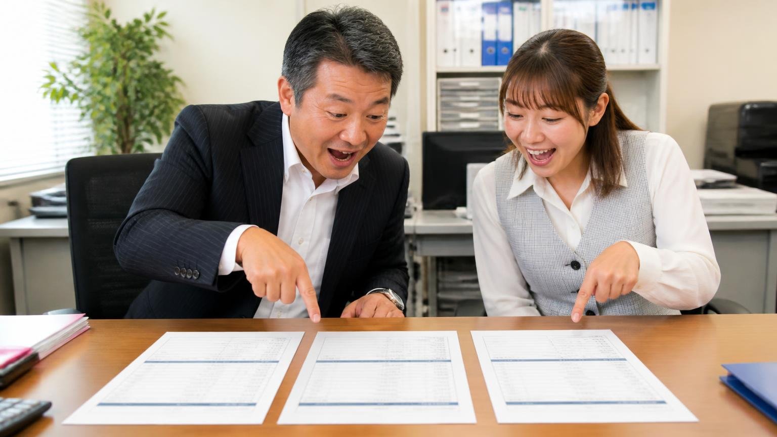 地元1社と全国対応1〜2社の金額を並べる 事務所の机 男性経営者と女性事務員の2人 見積書3枚を並べて指さし喜ぶ