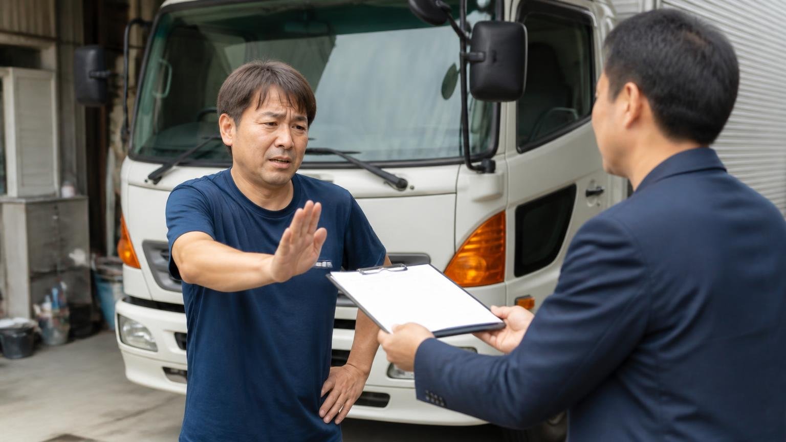 査定に来たその場で契約しない 車庫に停めたトラックの前 契約書を差し出す査定士に手のひらを向けて待ったをかける男性
