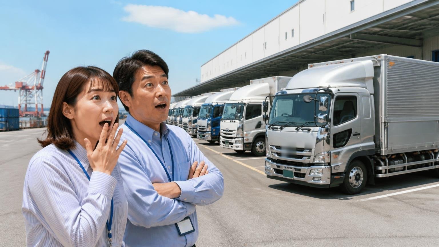 兵庫県の貨物車は約50万台、近畿で大阪に次ぐ2番目、港の物流倉庫の前に並ぶ大型トラックとウイング車の列を見渡し、目を丸くする30代女性事務員と40代男性