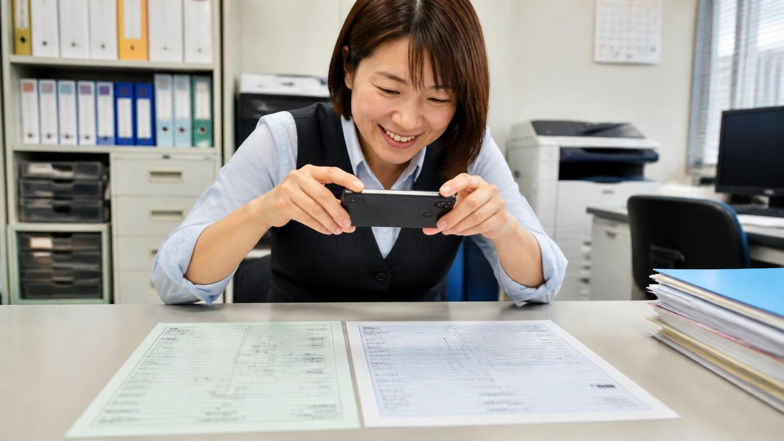車検証・整備記録・架装の情報を先にそろえる、運送会社の事務所の机に車検証と整備記録簿を並べ、女性事務員が笑顔でスマホで写真を撮る場面