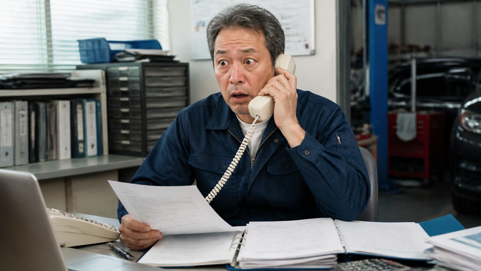契約後・引き渡し後に金額が下がる条件を契約書で確かめる 車庫の事務机 電話で減額を告げられ 受話器を持ったまま固まる中年の男性