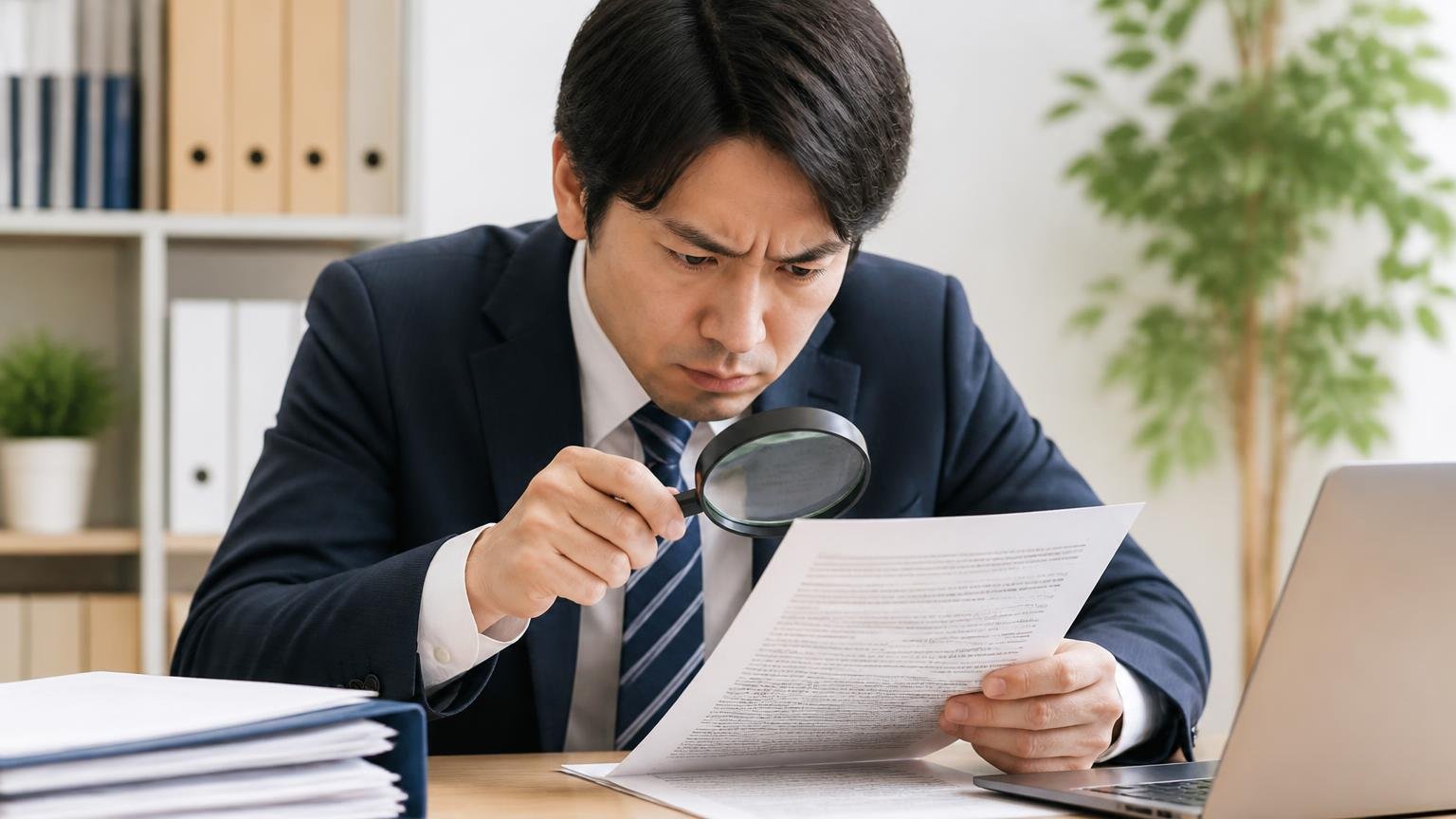 引き渡し後の減額とキャンセル料の条件を契約前に確認する 事務所の机 契約書の細かい条文を虫めがねで読む男性1人が眉を寄せる