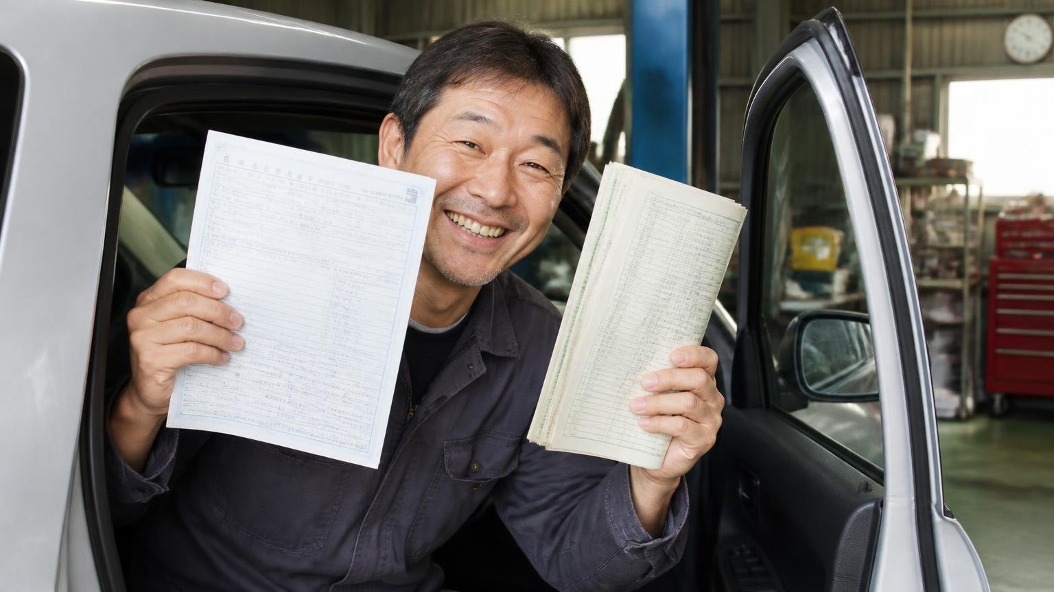 車検証と整備記録を手元にそろえてから連絡する 早朝の車庫で運転席のドアを開けた場面 男性1人が車検証と整備記録の束を掲げて得意げに笑う