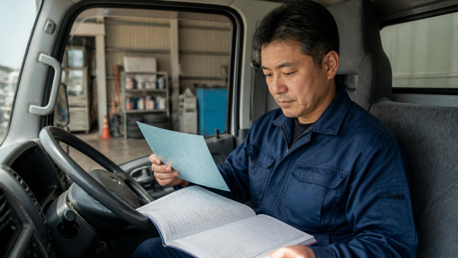 車検証と整備記録を手元にそろえる 車庫に停めたトラックの運転席で車検証と整備記録簿を広げて確認する男性1人が落ち着いた表情