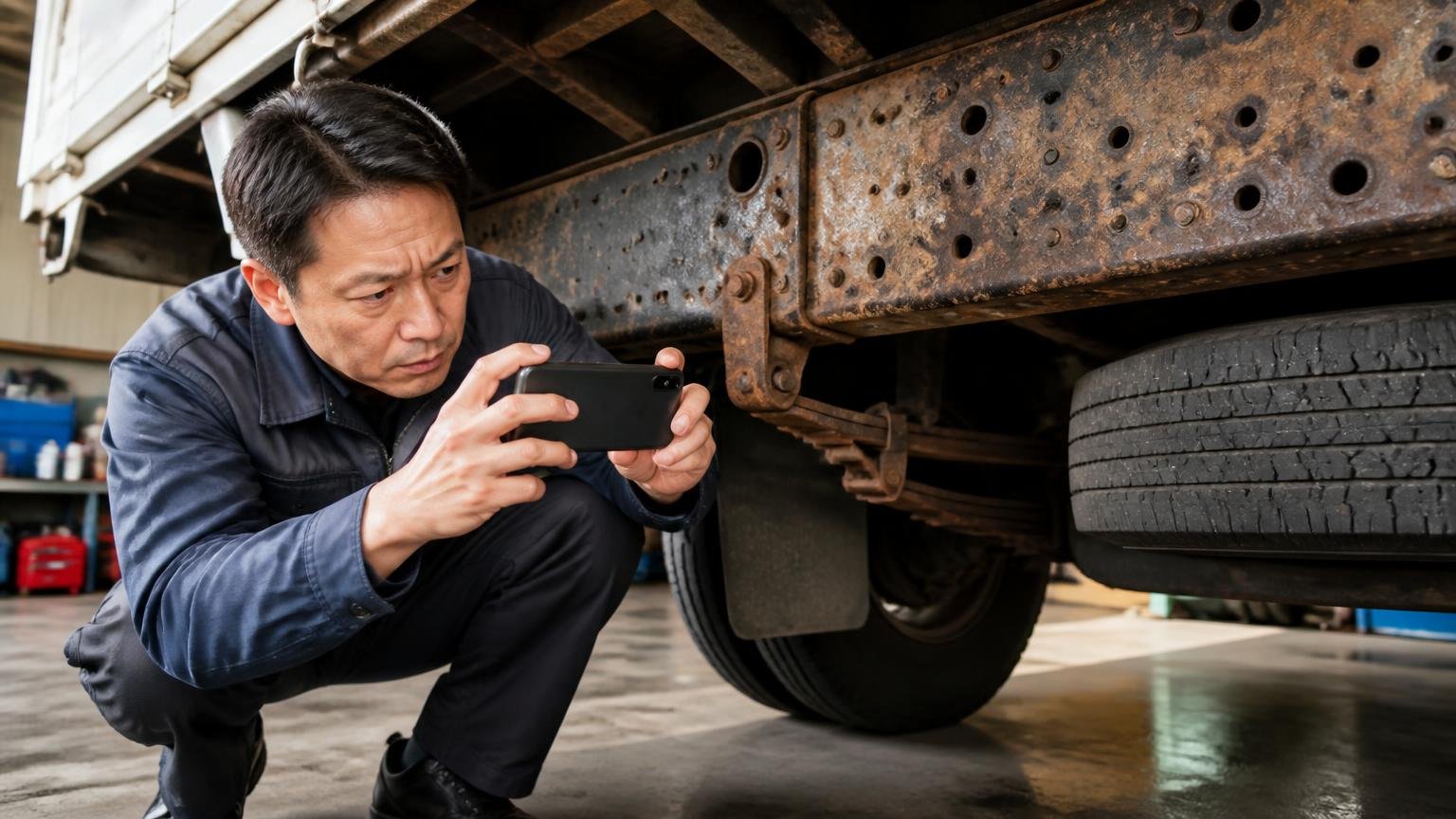 下回りの写真でサビの程度を先に伝える 車庫でしゃがんでスマホを構えトラックのフレームを撮る男性1人が真剣な顔