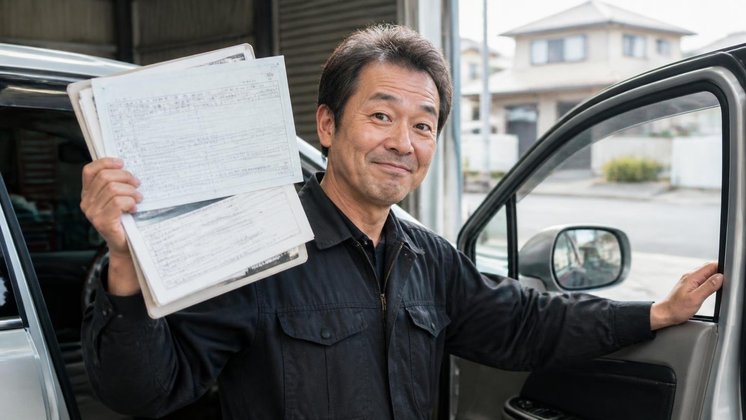 車検証と整備記録を手元にそろえてから連絡する 早朝の車庫で運転席のドアを開けた場面 男性1人が車検証と整備記録の束を掲げて得意げに笑う