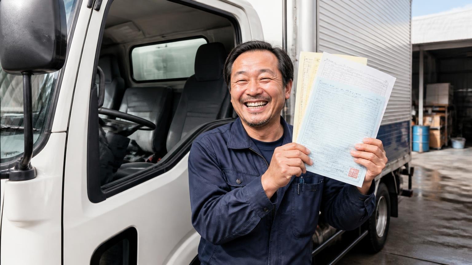 車検証・整備記録・写真をそろえてから連絡する 早朝の車庫で2tトラックの運転席のドアを開けた場面 男性1人が車検証と整備記録の束を掲げて得意げに笑う