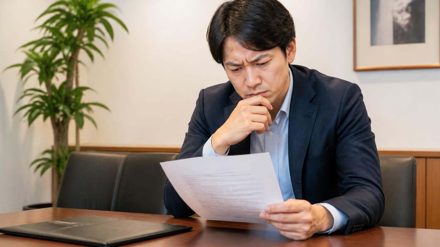 その場で契約せずキャンセルの条件を先に読む 営業所の応接机で男性1人が契約書を手に取り眉を寄せてじっくり読む