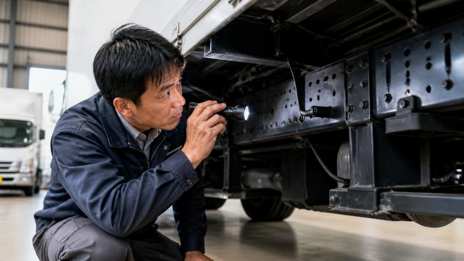 鳥取の車庫で、懐中電灯を手にトラックのフレームと下回りをのぞき込んで点検する査定士の男性1人