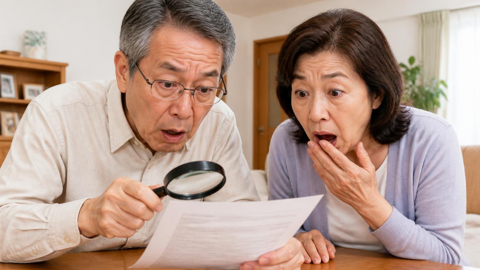 契約後・引き渡し後の減額条件を契約書で確認する　浜田市の自宅の居間で、契約書の小さな文字を虫めがねで読む60代の夫婦2人の驚いた表情