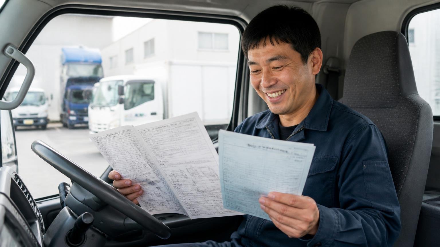 車検証・整備記録・装備の情報をそろえてから連絡する 2tトラックの運転席で男性1人が整備記録簿と車検証を広げて笑顔になる