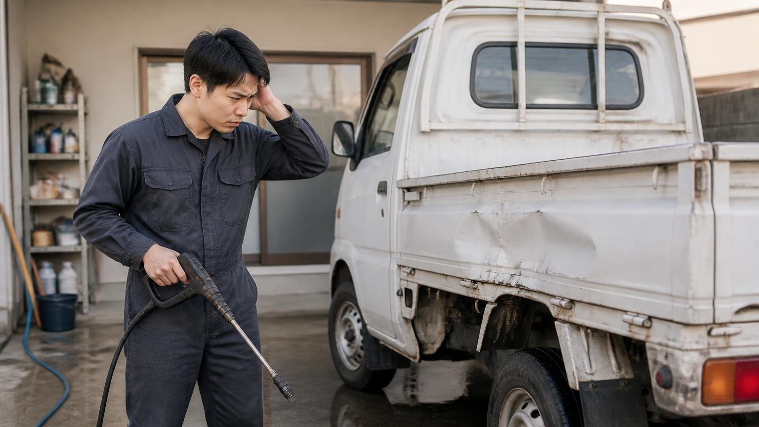洗車と修理は基本的に不要。直してから売ると損をすることがある、車庫で高圧洗浄機を持ったまま手を止めた若い男性ドライバーが、荷台のへこみを見て迷っている