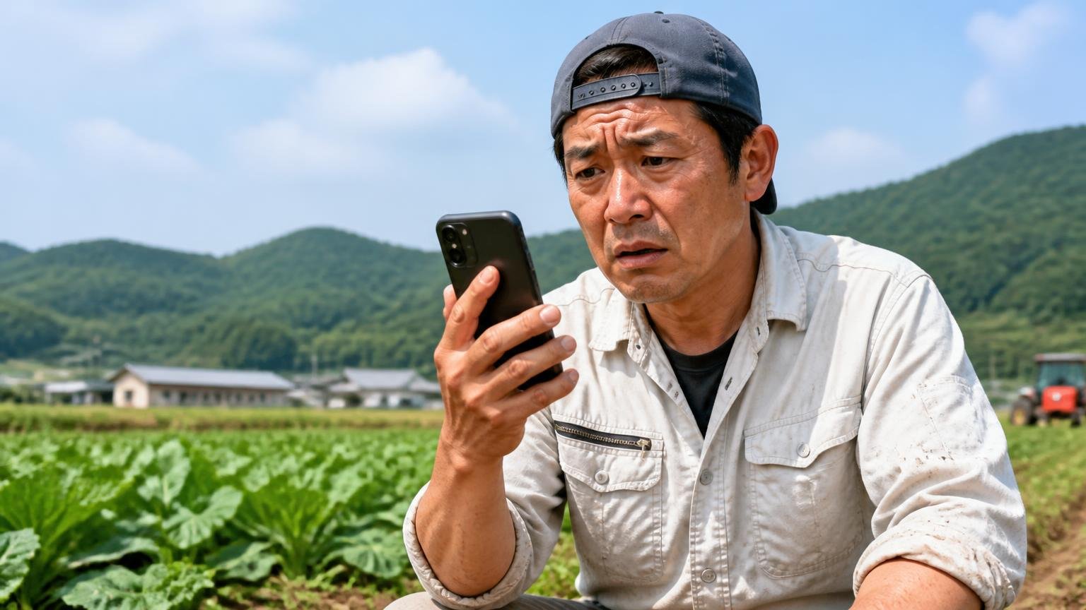 営業電話が止まらないのは仕組みの問題。連絡手段を最初に指定する 畑仕事の途中で鳴り続けるスマホを見て困った顔をする農家の男性1人