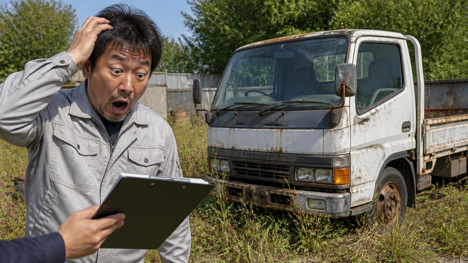 低年式・過走行・不動車でも「値がつかない」と決めつけない。草が伸びた空き地に放置された古い2tトラックの前で、査定額を聞いて目を丸くする作業着の中年男性1人