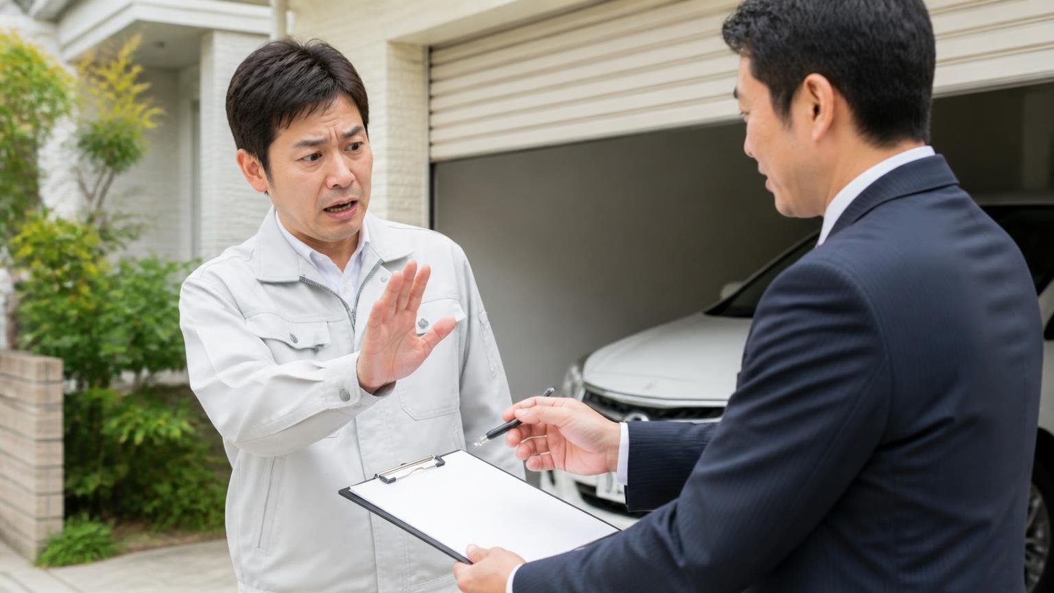 その場で契約してしまう・キャンセル条項を読まない 車庫前で契約書とペンを差し出される屋外 事業主1人と営業担当1人 事業主が戸惑い手を止める