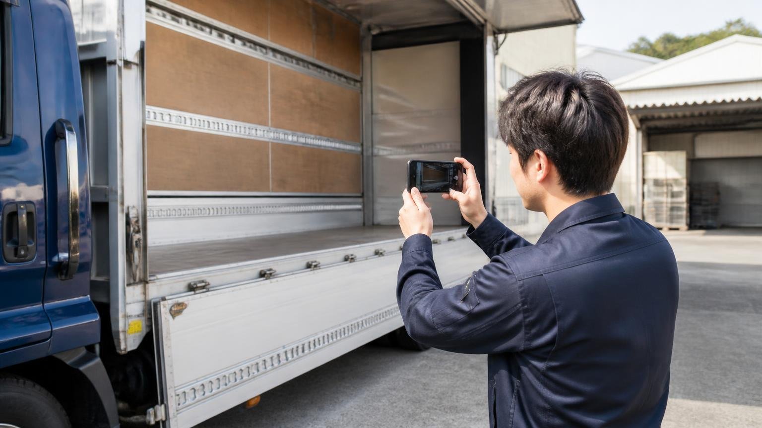 写真・LINE査定で絞ってから出張査定を呼ぶ|朝の車庫でスマホを構えて4tウイングの荷台を撮影する若い男性ドライバー1人