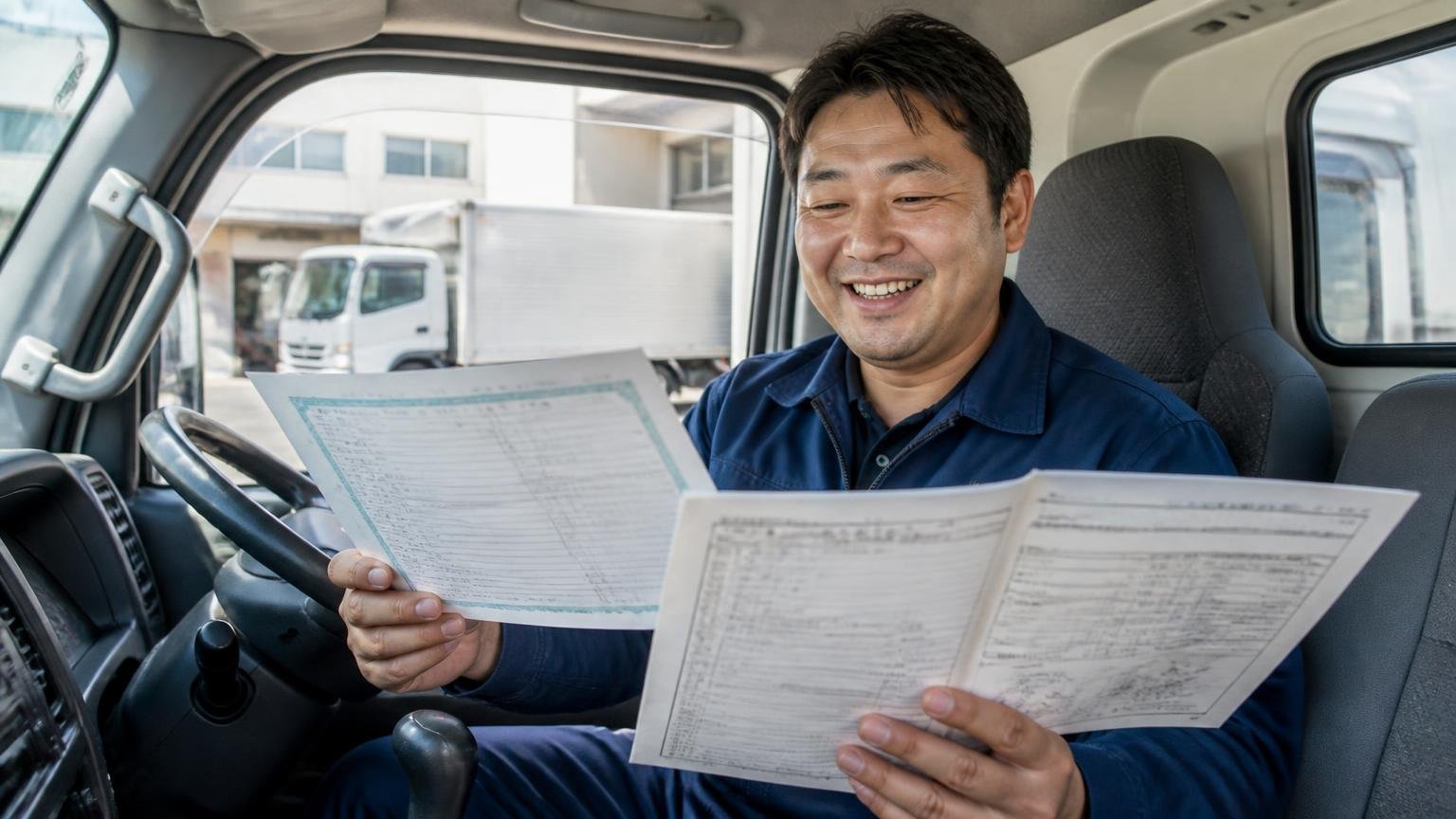 車検証・整備記録・装備の情報をそろえてから連絡する 2tトラックの運転席で男性1人が整備記録簿と車検証を広げて笑顔になる