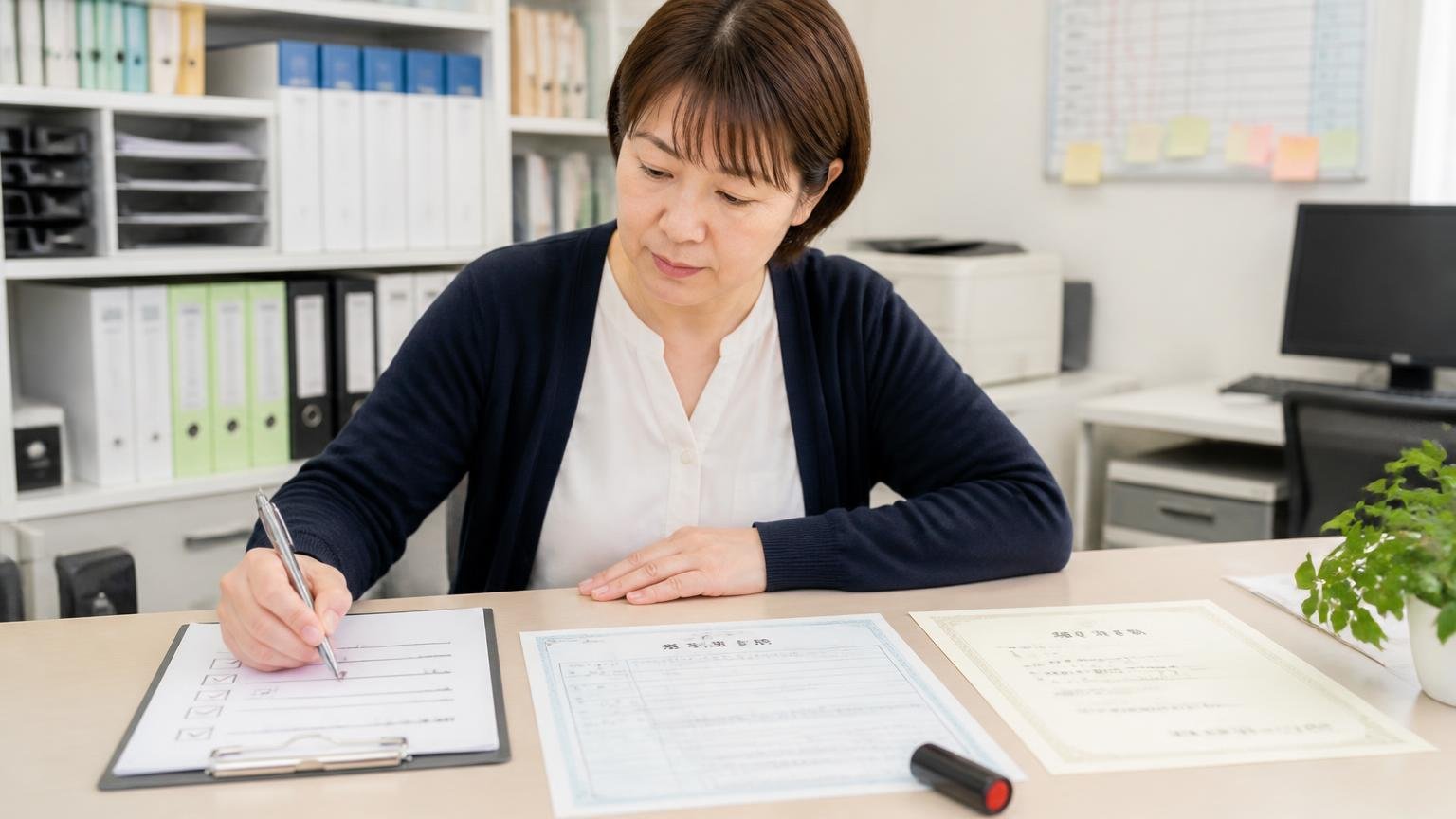 必要書類を先にそろえる 事務所の机に車検証と印鑑証明を並べる 事務担当の女性1人 チェックリストに印を付ける