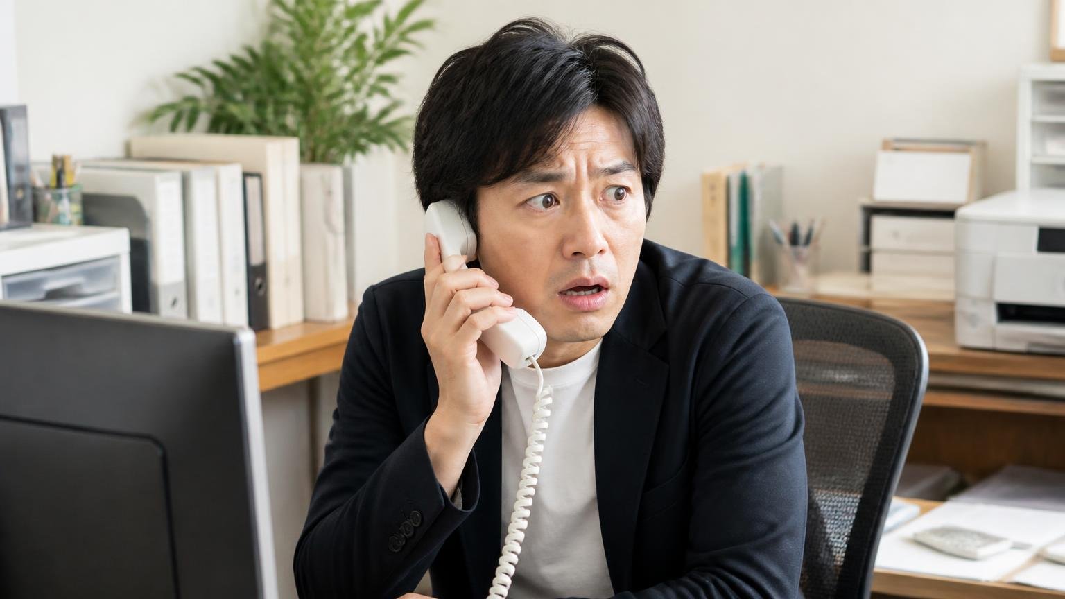 「この電話で決めるなら」に乗って、キャンセル料を請求された。事務所で受話器を持ったまま固まる個人事業主の男性1人、困惑した表情