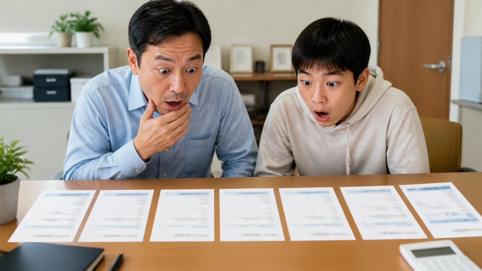 1社だけで決めると、その金額が妥当か分からない 事務所で6社分の査定額のメモを並べて目を丸くする親子2人