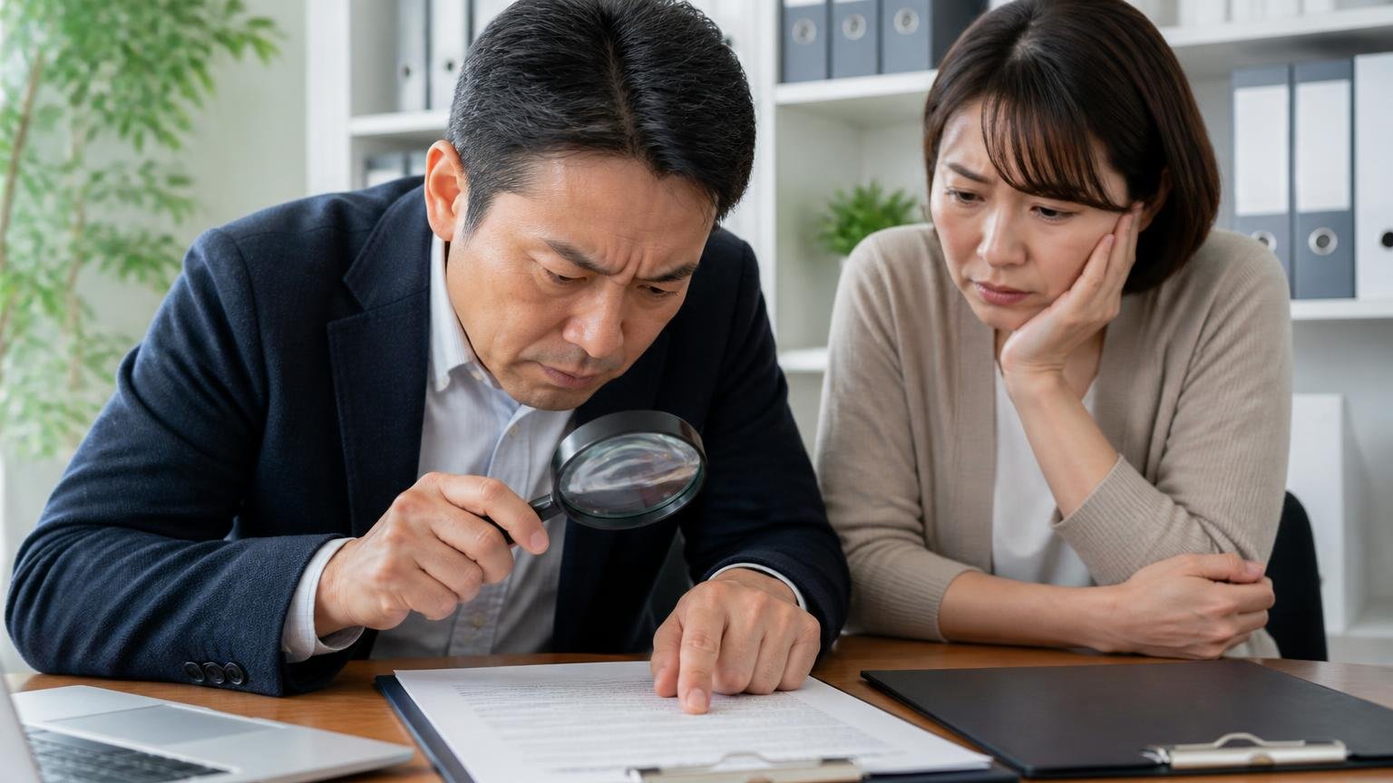 契約後・引き渡し後の減額条件を契約書で確認する 事務所の机 契約書の小さな文字を虫めがねでのぞき込む男性と隣で心配そうに見守る女性