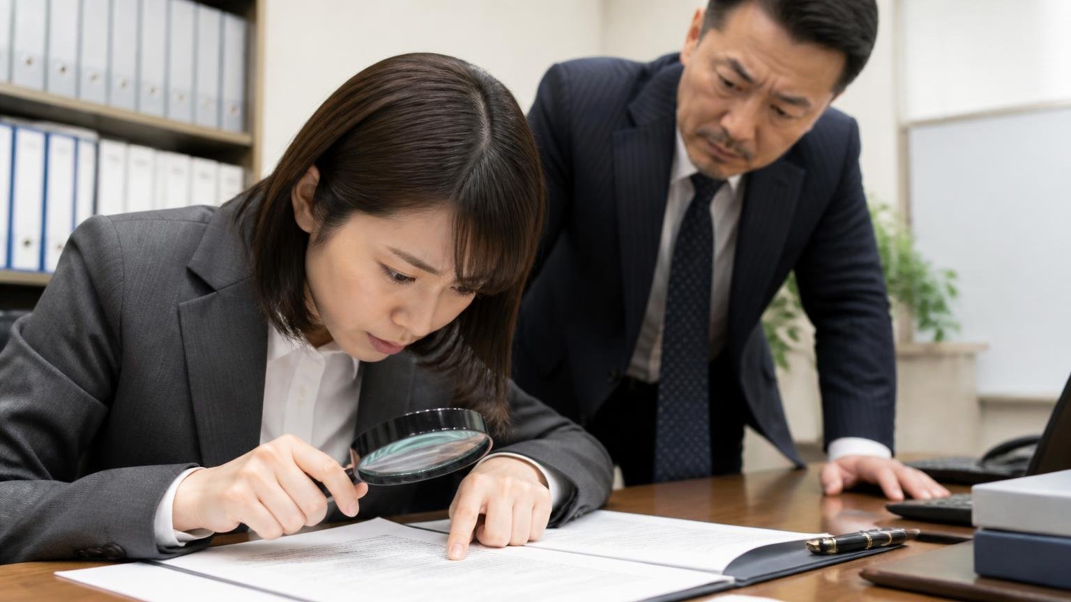 契約後・引き渡し後に金額が下がる条件を契約書で確かめる 事務所の机 契約書に顔を近づけ条文を指でなぞる女性事務員と見守る社長