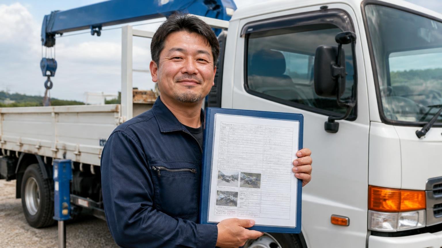 架装や整備の記録をそろえて伝える クレーン付きトラックの横 男性ドライバー1人 整備記録のファイルを誇らしげに掲げる