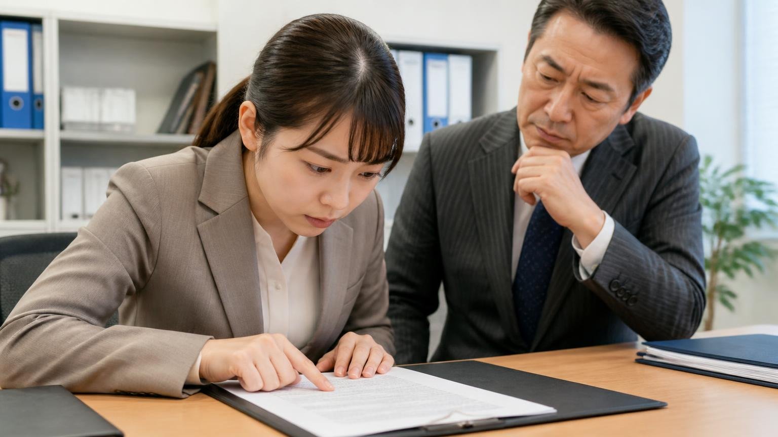 契約後・引き渡し後に金額が下がる条件を契約書で確かめる 事務所の机 契約書に顔を近づけ条文を指でなぞる女性事務員と見守る社長