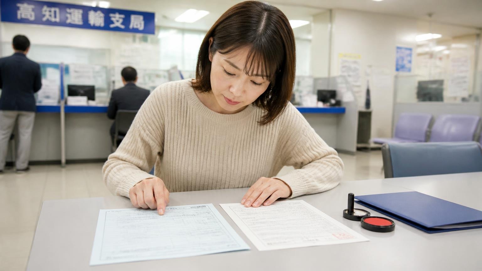 名義変更に必要な書類と、高知運輸支局の窓口 事務所の机 女性1人 車検証と印鑑証明を並べて確認