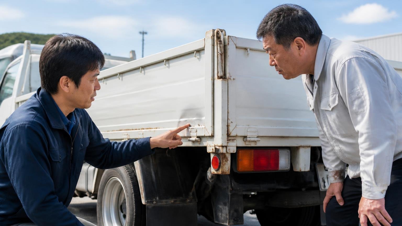 不具合や修復歴は先に自分から伝える トラックの荷台まわりを確認する屋外 男性2人のうち1人がへこみを自分から指さし、もう1人が大きくうなずく
