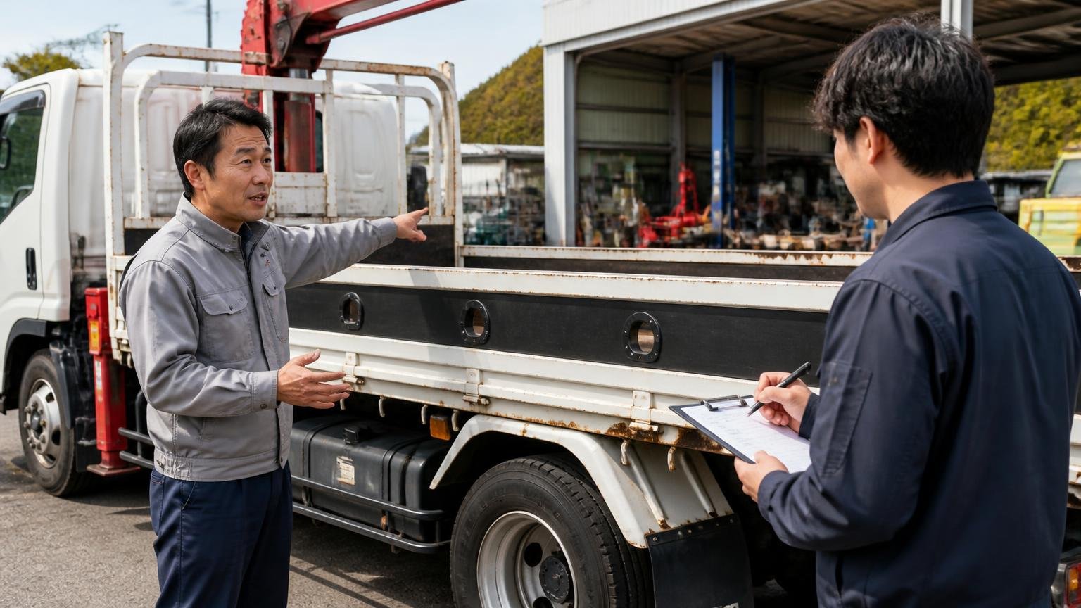 荷台や装備の強みを自分から伝える 屋外の車庫でクレーン付きトラックの荷台を指さして説明する男性とメモを取る査定員の2人