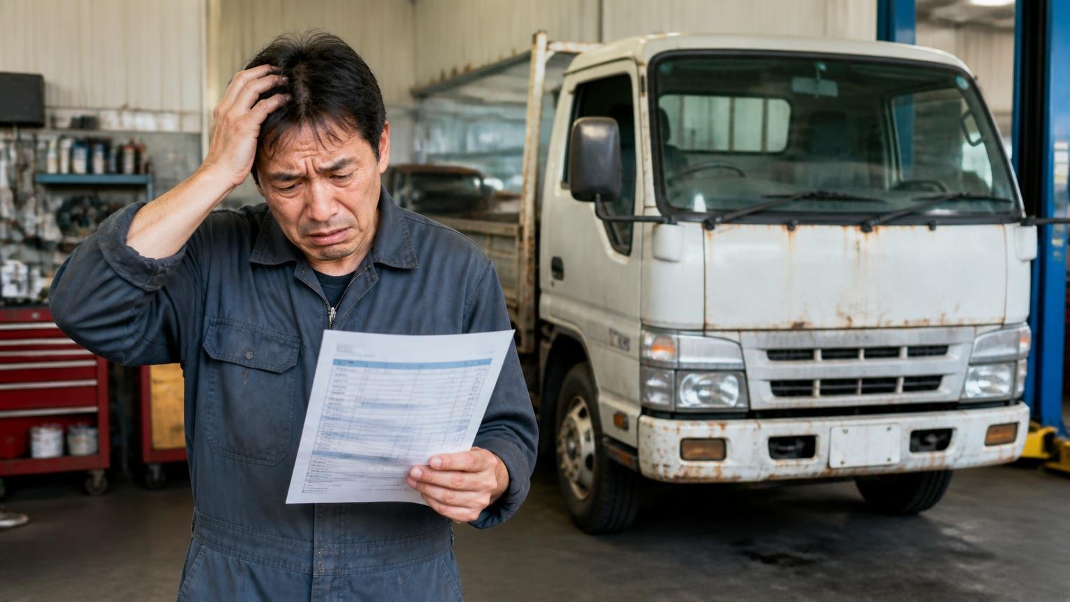 車検や修理に無理にお金をかけない 整備工場で修理の見積書を見て頭を抱える男性1人と古い2tトラック