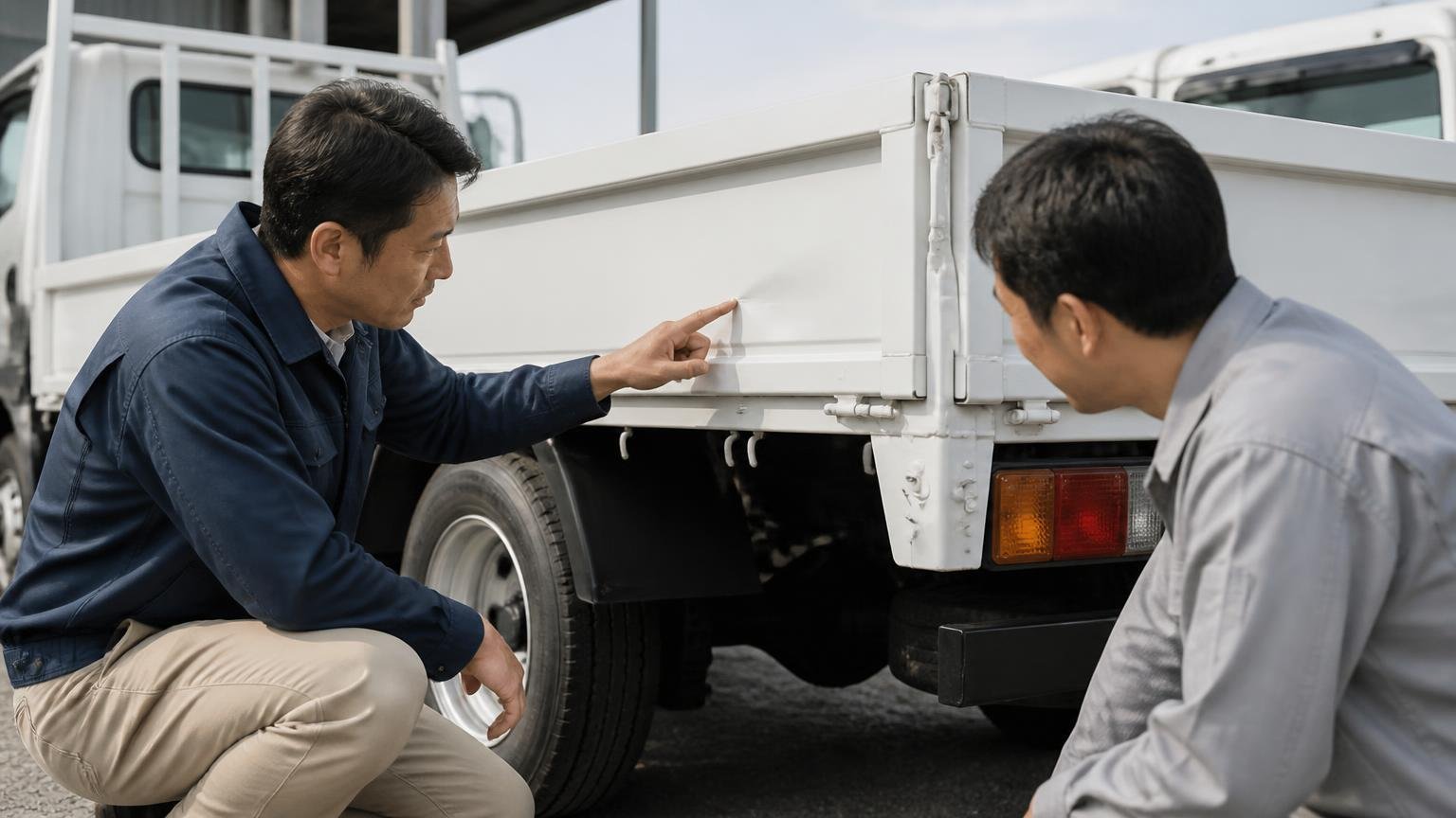 不具合や修復歴は先に自分から伝える トラックの荷台まわりを確認する屋外 男性2人のうち1人がへこみを自分から指さし、もう1人が大きくうなずく