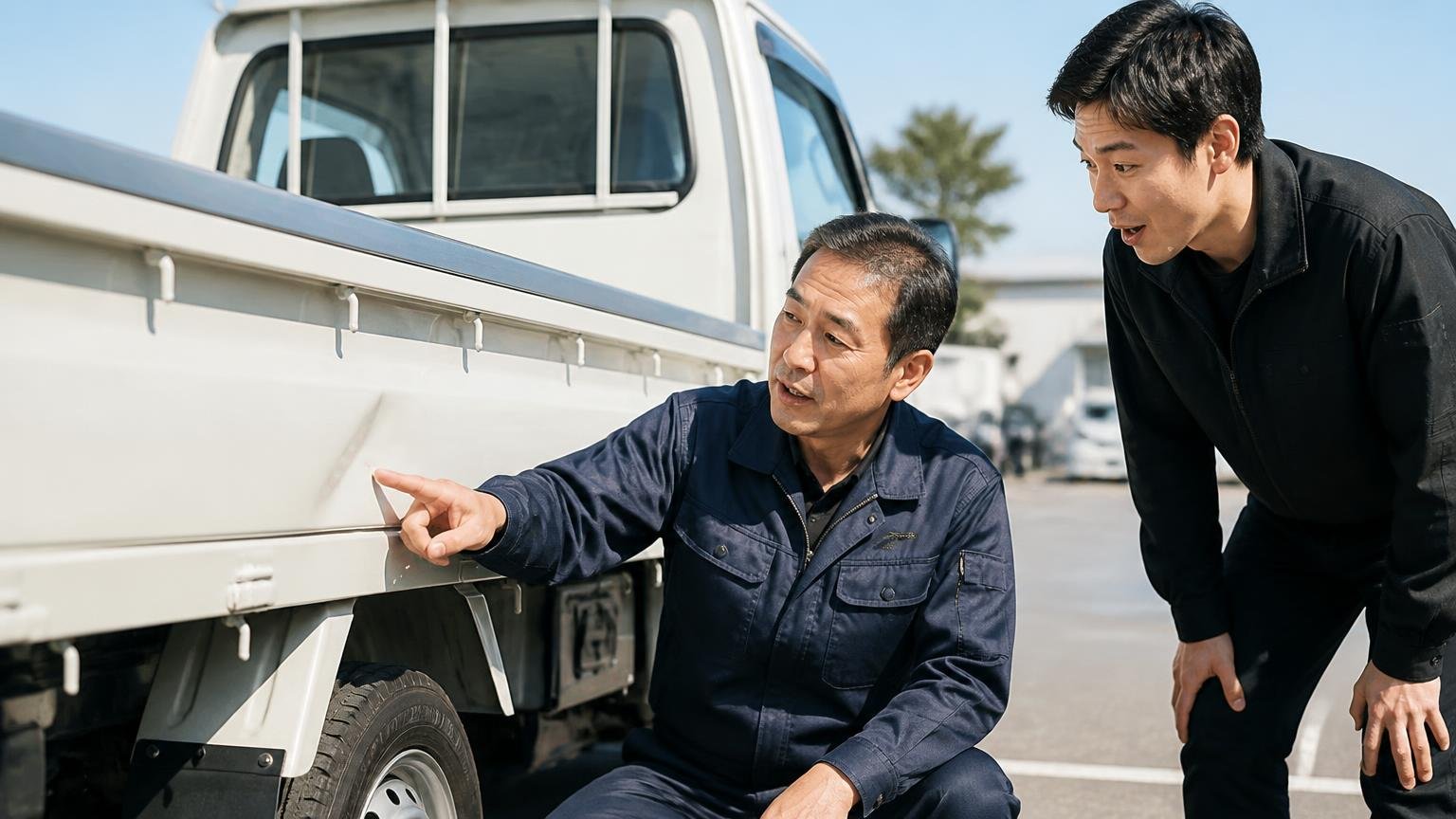 不具合や修復歴は先に自分から伝える トラックの荷台まわりを確認する屋外 男性2人のうち1人がへこみを自分から指さし、もう1人が感心してうなずく