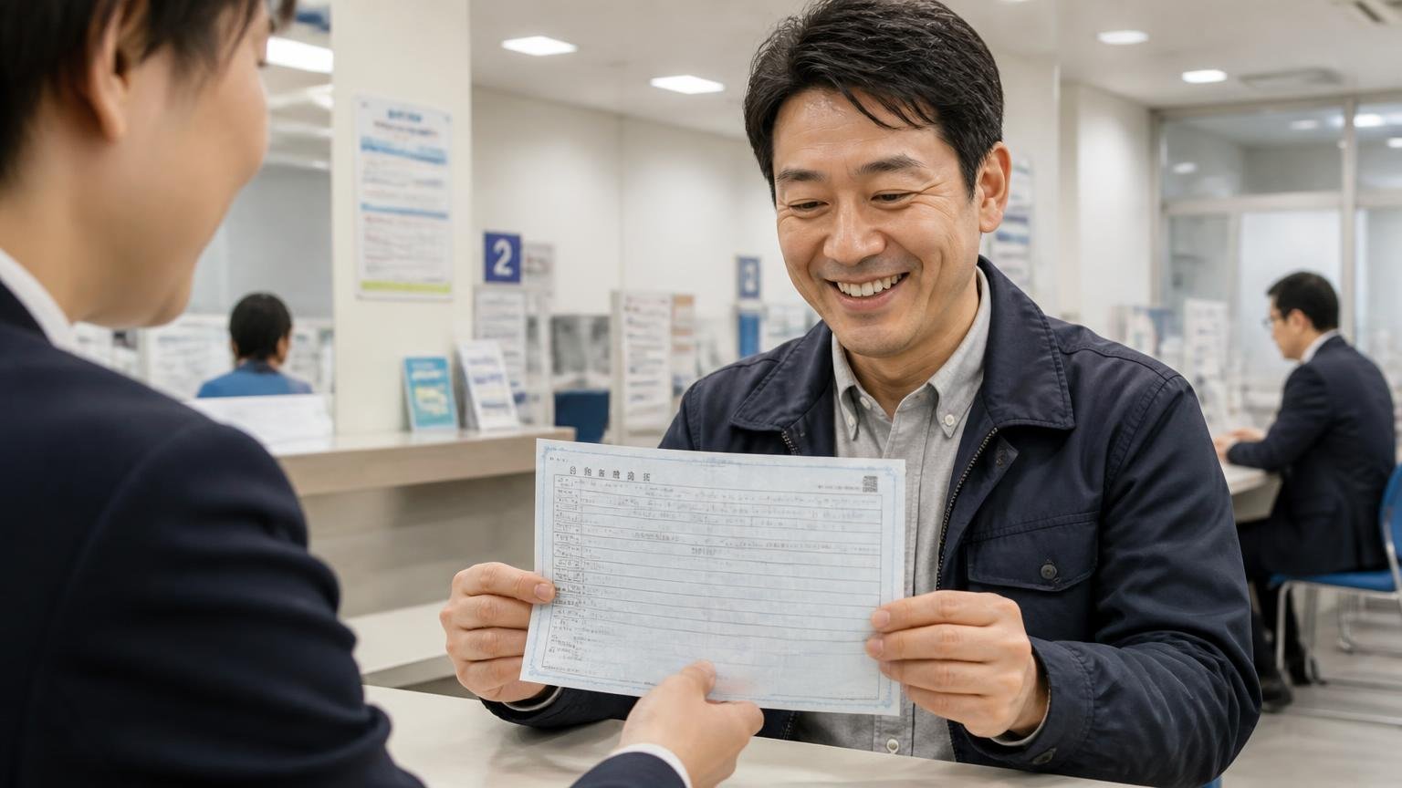 名義変更が終わったことを書面で確認する 営業所の窓口で男性1人が新しい車検証の写しを受け取りほっとした笑顔