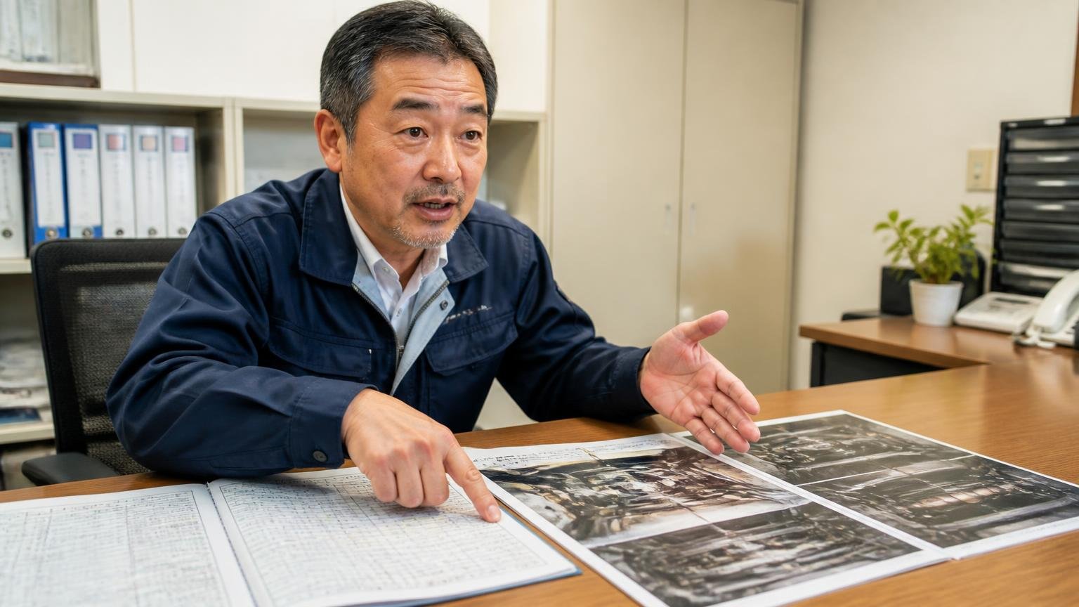 事務所の机に整備記録簿と下回りの写真を並べ、査定士に説明する50代の運送会社経営者の男性1人