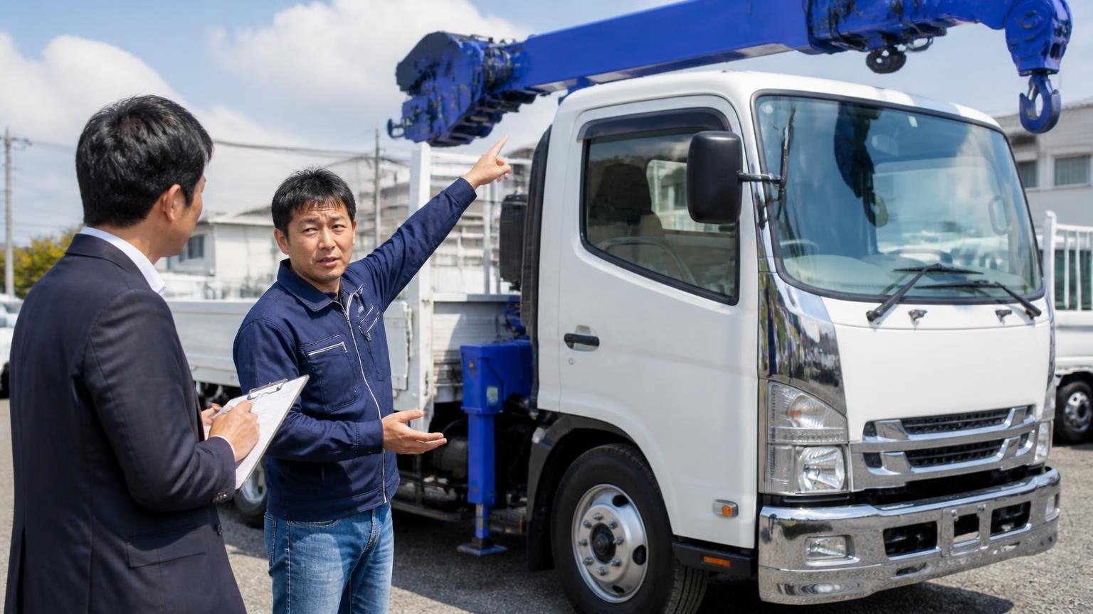 得意な業者に、架装と使い方まで伝える クレーン付き4tトラックの前で男性オーナーが査定員にクレーンを指さして熱心に説明する