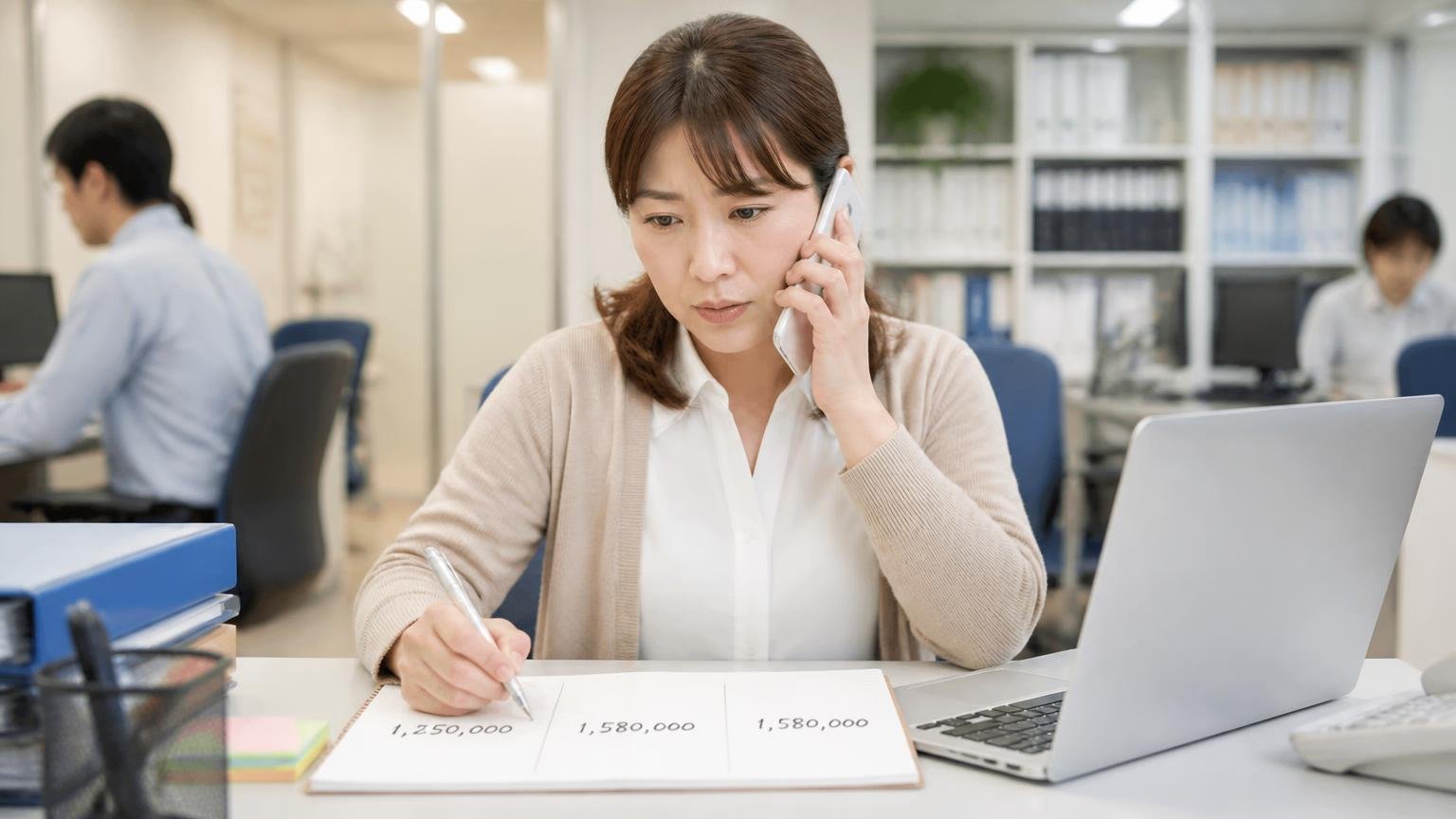 電話の概算は"仮の数字"。2〜3社の金額と条件を横に並べる、事務所でスマホを耳に当てた女性事務員が、メモ帳に3社の金額を書き並べて見比べている