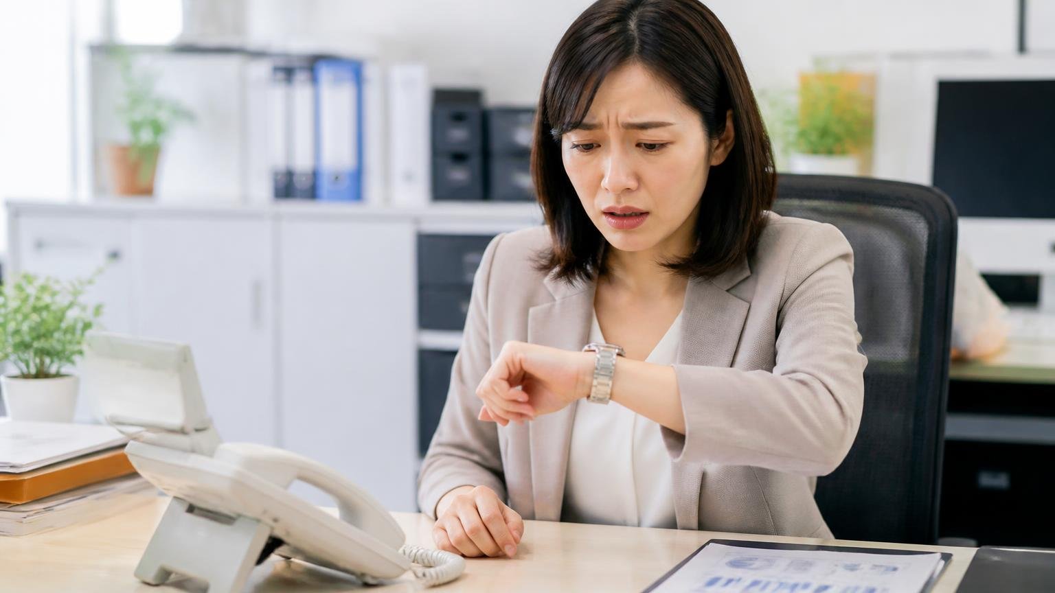 「即決なら」の金額は当日限り。断ったら連絡が切れることもある 事務所の電話を前に折り返しを待ちながら腕時計を見る女性1人、落ち着かない表情