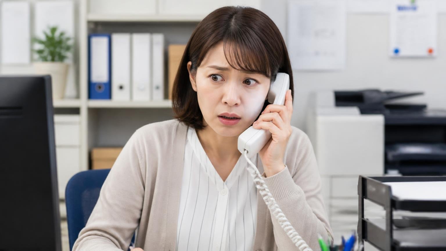 引き渡し後の減額(二重査定)を想定していない 事務所で電話を受けて減額を告げられる場面 事務担当1人 受話器を握り困惑した表情