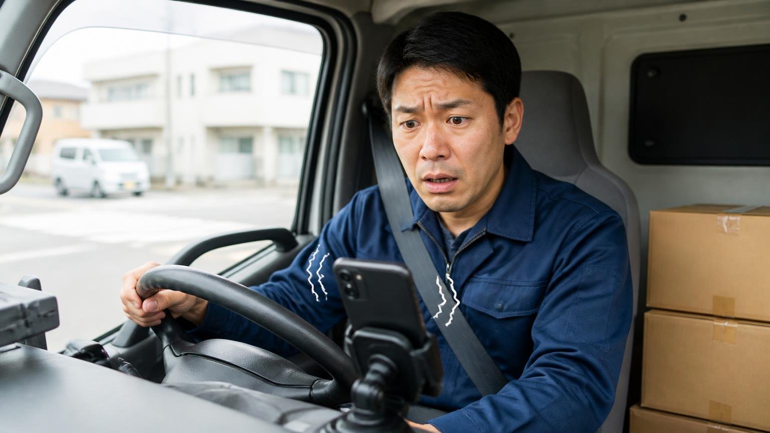 営業電話を減らす伝え方|配送中の2tトラックの運転席で鳴り続けるスマホを見て困った顔の男性ドライバー1人